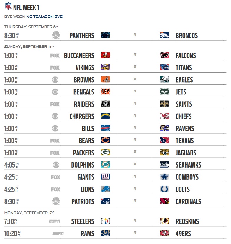 NFL 2016 Schedule for Regular Season Week 1 NFLstreaming.net