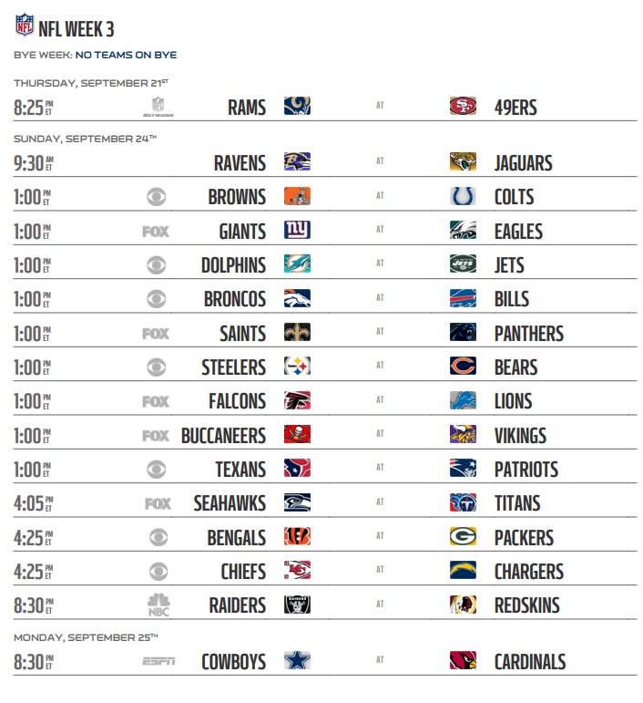 NFL 2017 Schedule Regular Season Week 3