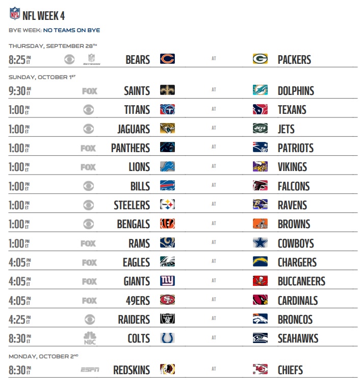 NFL 2017 Schedule Regular Season Week 4