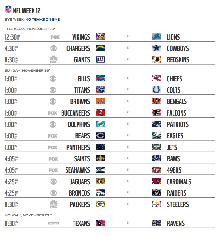 NFL 2017 Schedule Week 12 Regular Season