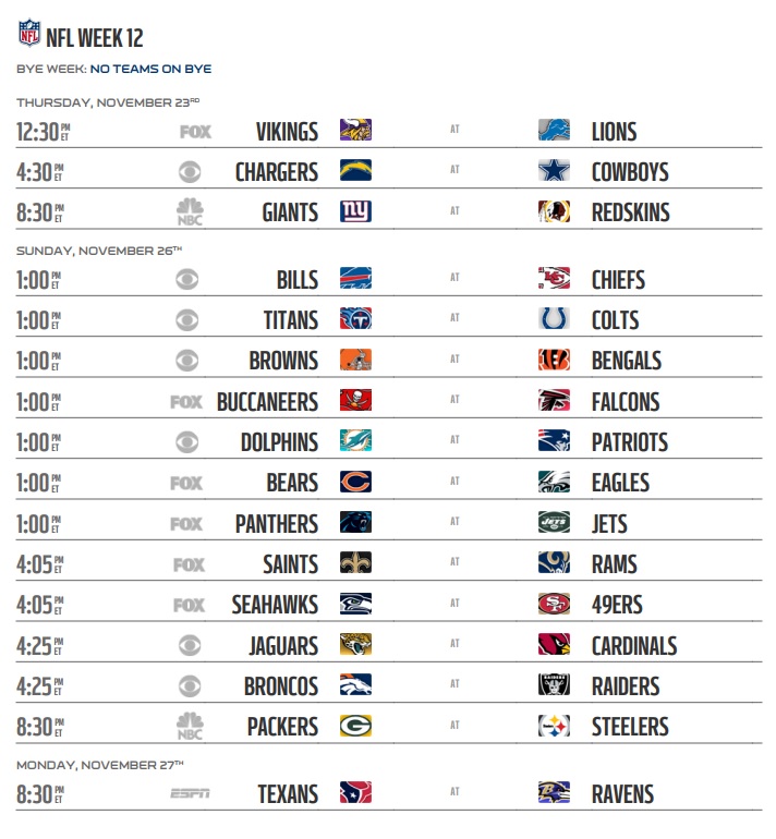 Nfl Week 12 Schedule Printable