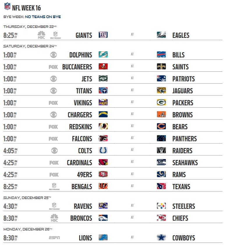 Week 16 Nfl Schedule Printable Printable World Holiday