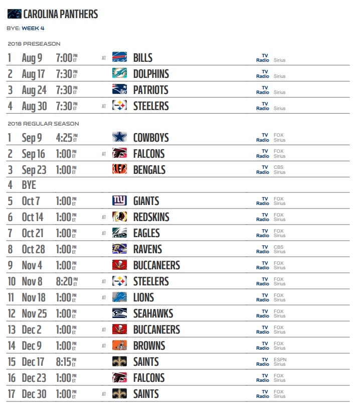 Carolina Panthers 2018 NFL Game Schedule