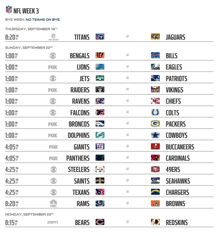 Week 3 Nfl Printable Schedule Printable Blank World