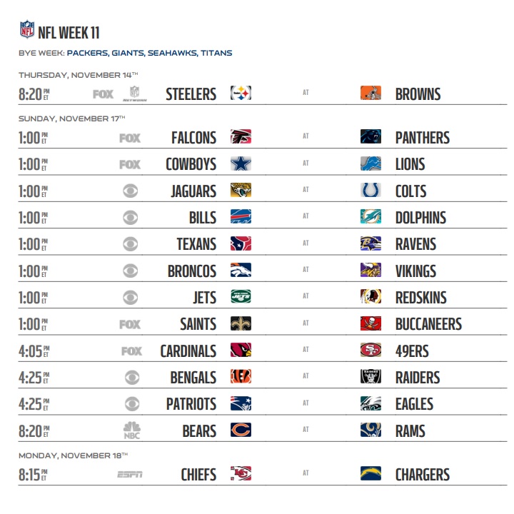 Nfl Week 11 Schedule Printable Printable World Holiday