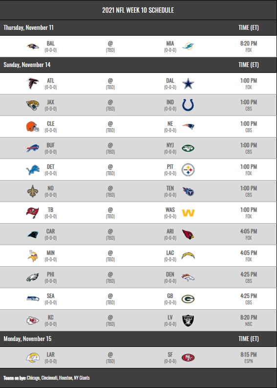 NFL 2021 regular season schedule week 10