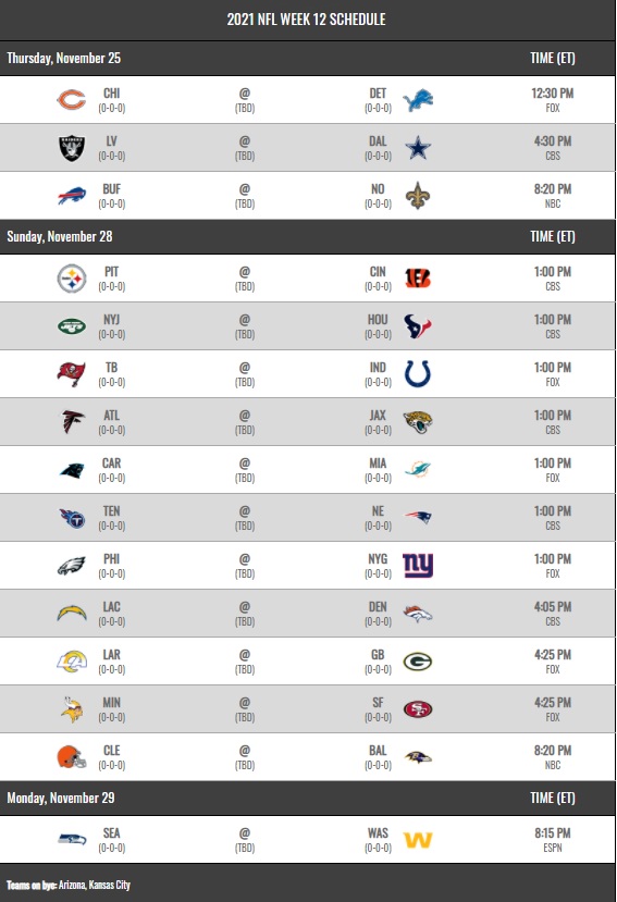 NFL 2021 regular season schedule week 12