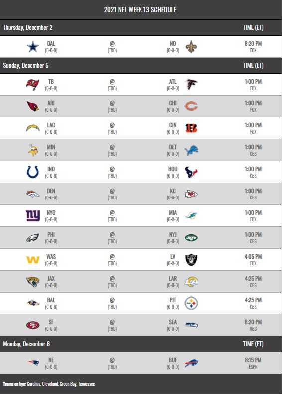 NFL 2021 regular season schedule week 13