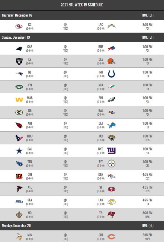 NFL 2021 regular season schedule week 15