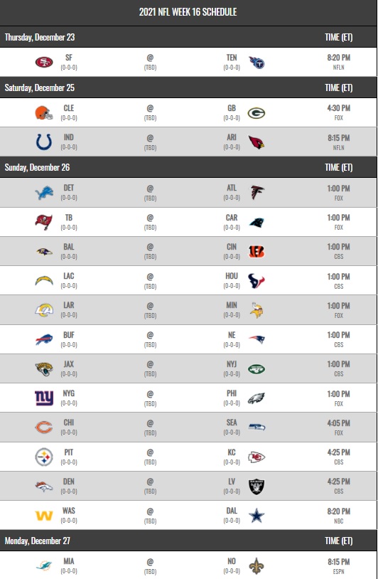 NFL 2021 regular season schedule week 16