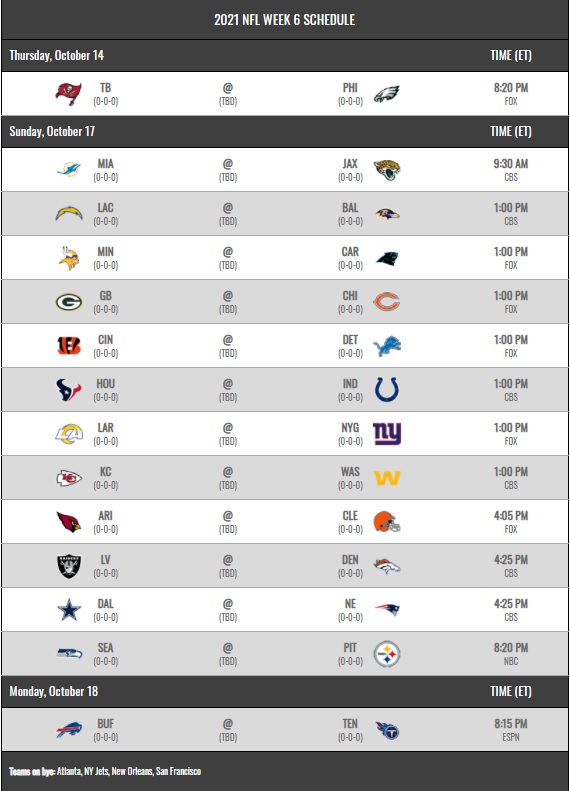 NFL 2021 regular season schedule week 6