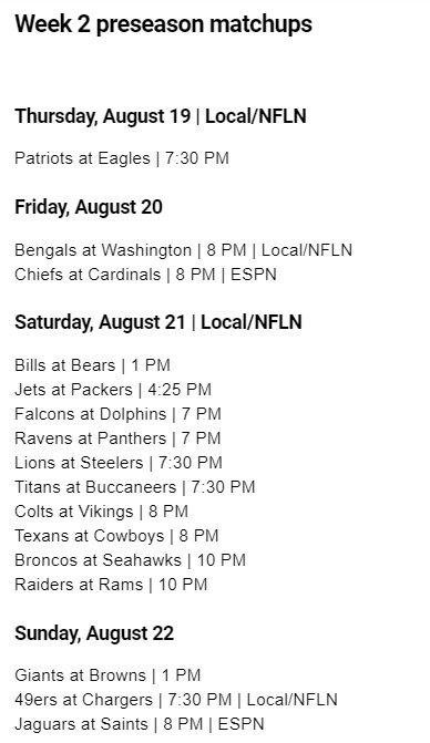 NFL 2021 preseason week 2 schedule