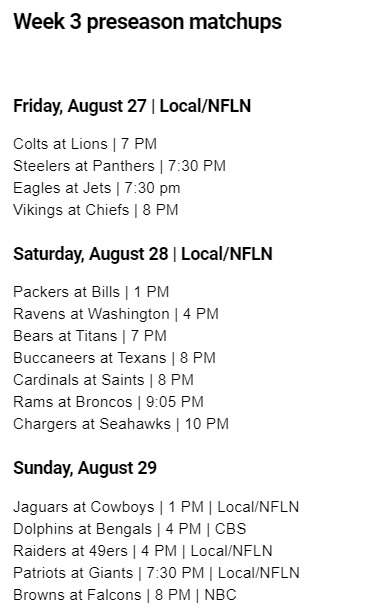 NFL 2021 preseason week 3 schedule