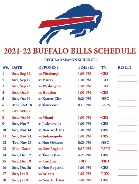 Printable 2020-2021 Buffalo Bills Schedule