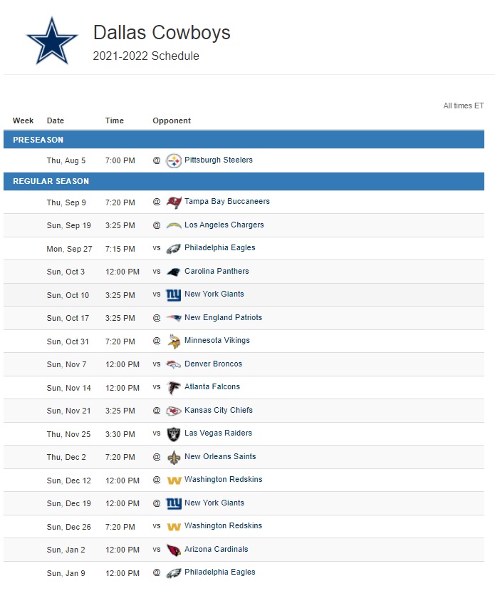 DALLAS COWBOYS NFL 2021 full Schedules Game