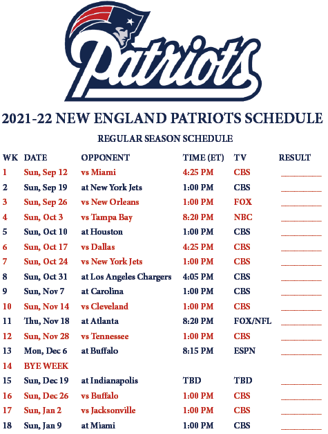 New England Patriots NFL 2021 full Schedules Game TV