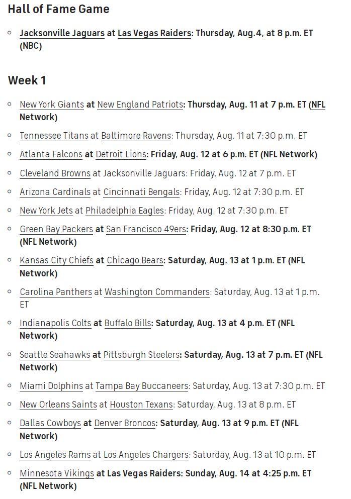 NFL Schedule Preseason Week 1