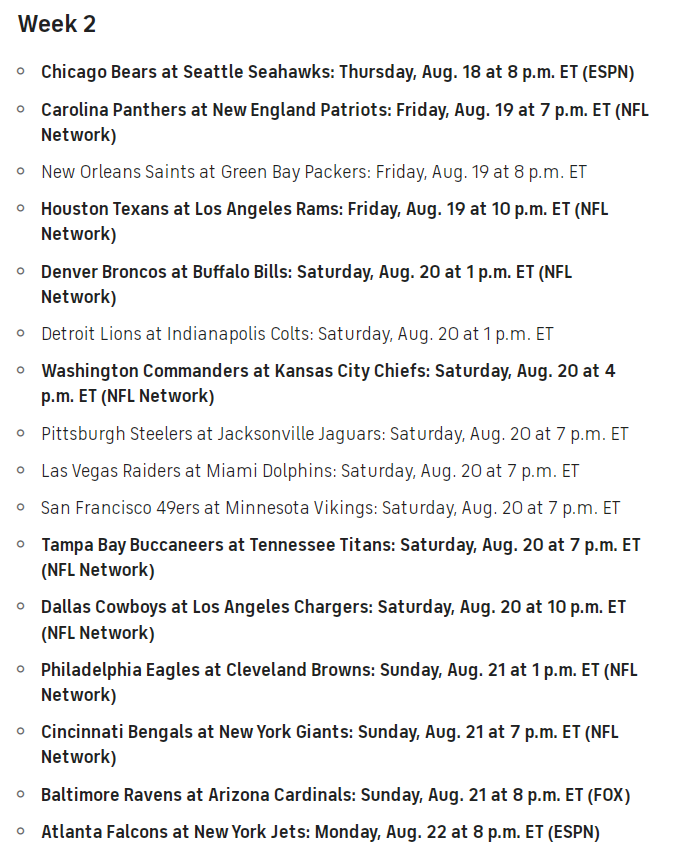 NFL Schedule Preseason Week 2