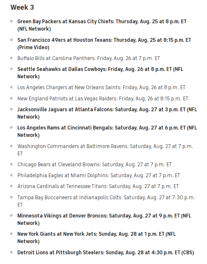 NFL Schedule Preseason Week 3